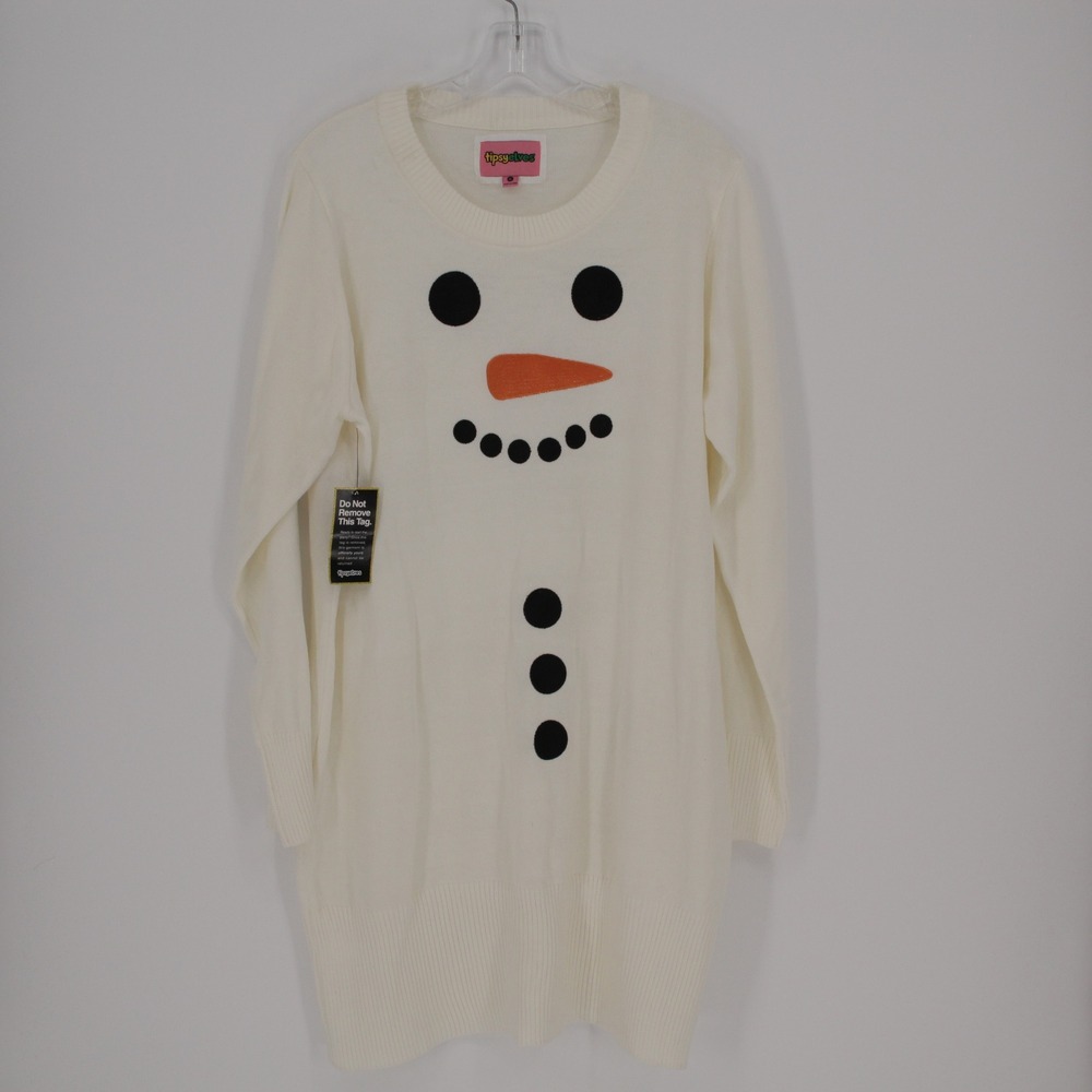 Tipsy Elves NWT Women's White Snowman Face Holiday Sweater Dress Size XL